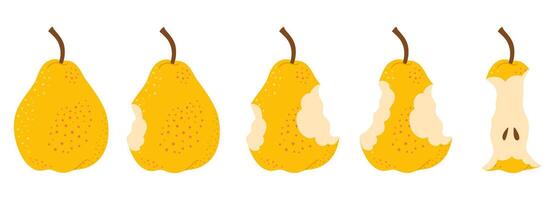 Yellow Pear eating steps cartoon icon set. Stages of biting ripe pear from whole to half and core, bite progression cartoon set sequence animation of eaten fruit Trendy flat style illustration vector