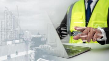 Engineer or Architect checking the list of documents and approving the project, Approved buildings permit concept with approved residential building project, Construction project inspection. photo