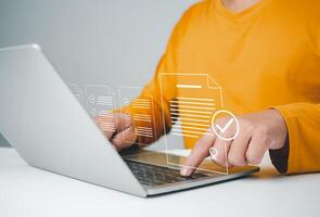 Businessman checks transaction documents or electronic contract documents, Prepare check and approve concept, Check electronic documents on digital documents and checklist approval. photo