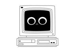 Hand drawn cute cartoon illustration retro computer character with sad face. Flat PC service support sticker in doodle style. Vintage system network mistake icon or print. Error 404. Isolated. vector