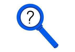 Hand drawn cute cartoon illustration magnifying glass with question mark. Flat optical tool sticker in doodle. Discover or explore icon. Searching for answer. Solution for problem. Isolated. vector