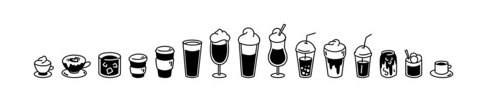 Different types of coffee. Hand drawn doodle icon set. Cappuccino, espresso, latte, americano, mocha, bubble tea, cocoa, flat white, raf. Hot and cold drinks in glass, mugs, disposable paper cups. vector