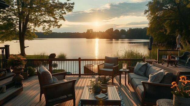 A beautiful lake with a sunset in the background. A wooden deck with a patio area with several chairs and couches photo