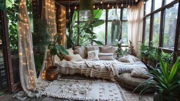 A cozy, dimly lit room with a white bed and a rug. The room is decorated with plants and lights, giving it a warm and inviting atmosphere photo