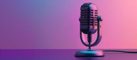 Retro microphone on a table over purple background with copy space. Modern Podcast concept. photo