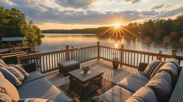 A beautiful lake with a sunset in the background. The sun is shining on the water, creating a warm and peaceful atmosphere. The scene is perfect for relaxation and enjoying the outdoors photo