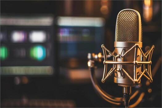 Modern Podcast concept with golden retro microphone over blurred computer monitors. Background with copy space photo