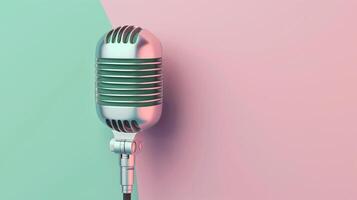 Retro microphone over pastel pink and green background with copy space. Podcast concept. photo