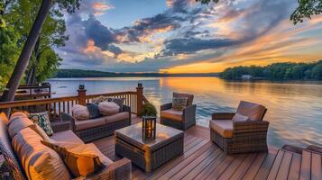 A beautiful lake with a wooden deck and a few chairs. The chairs are arranged around a table with a candle on it. The scene is peaceful and relaxing, perfect for a quiet evening by the water photo