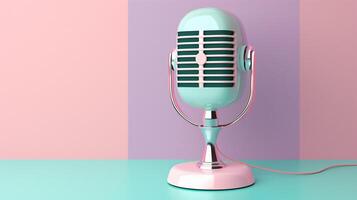 Retro microphone on a table over pastel pink, green and blue background with copy space. Modern Podcast concept. photo