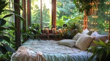 A bed with a white blanket and pillows, surrounded by plants and a window. The bed is in a room with a green and brown color scheme photo