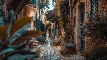 A narrow alleyway with a cobblestone path and potted plants lining the sides photo
