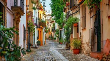 A narrow street with a cobblestone path lined with potted plants and trees photo
