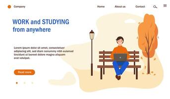 Web page template with man working or studying with laptop in park. Autumn city park background. Freelance, remote work and study concept vector