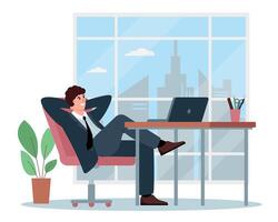 Relaxed businessman sitting in armchair at desk with computer and feeling satisfied from work productivity. Young man character resting in office or chilling. vector
