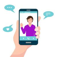 call or communication app concept. Human hand hold smartphone with man on screen. vector