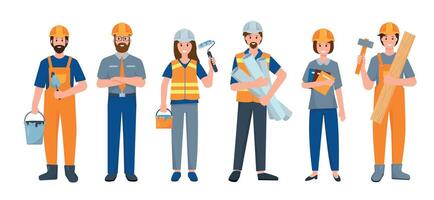Set of Builder people or Construction Worker isolated on white background. Industry engineer employee characters in different poses in uniform with work tools. vector