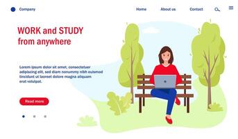 Web page template with woman working or studying with laptop in the park. Freelance, remote work and study concept vector