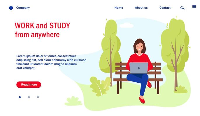 Web page template with woman working or studying with laptop in the park. Freelance, remote work and study concept