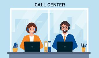 Customer service, support or call center office. Man and women with headphones, microphone and computer in workplace. vector