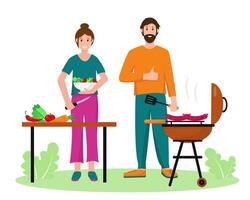 Man and woman cooking in garden or in park. Man with barbecue and woman with vegetables and salad on picnic. Spring or summer freetime concept, banner or background vector