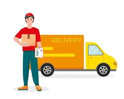 Delivery courier man with cardboard box and order list and delivery car. Fast delivery service concept vector