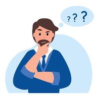 Thinking man and question marks in bubble. Thoughtful businessman. Brainstorm new idea. vector