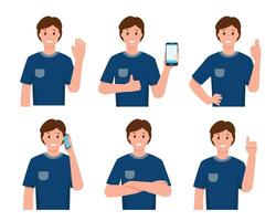 Portraits of young Man in different poses isolated on white background. Set of Male character avatars. Various poses and gestures. vector