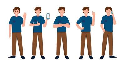 Set of Young Man in casual clothes isolated on white background. Male character with different poses and gestures. vector
