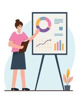 Businesswoman or student next to flipchart with graph and chart. Girl presents marketing data on presentation screen. Business analysis and planning seminar, startup concept. vector