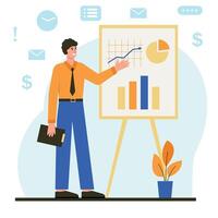 Businessman stands next to flipchart with graph and chart. Man presents marketing data on presentation screen. Business analysis and planning seminar, startup concept. vector