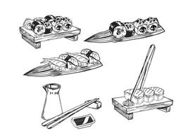 set illustration of Japanese food theme with rolls, sushi, sashimi, soy sauce, chopsticks, hand drawn inked monochrome sketch of seafood, frame isolated on white background vector