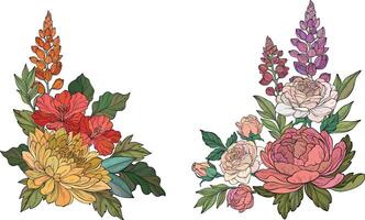Set of floral bouquets with lupins, hibiscus. floral design elements with green leaves, chrysanthemum, roses, peony and lupines flowers. vector