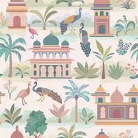 Seamless pattern with Indian elements, garden trees, palms, peacock, architectural arches and palaces. vector