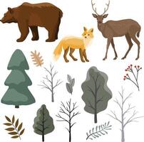 Set with animals bear fox deer and winter forest elements vector