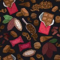 Chocolate seamless pattern. Hand drawn candy, Cocoa Beans, Chips, and Chocolate Bar background. vector