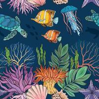 Marine Life pattern on dark background, the ocean and underwater world with different inhabitants. vector