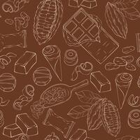 Seamless pattern with candy, Cocoa Beans, Chips, and Chocolate Bar background. vector