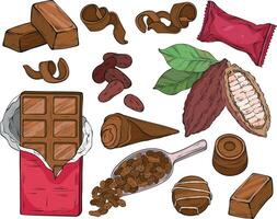 Chocolate set. Hand drawn candy, Cocoa Beans, Chips, and Chocolate Bar. vector