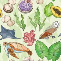 Seamless pattern with Tropical elements. Hawaii, beach and summer related items. Stingray, owl, turtle, seaweed, coral and papaya vector