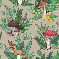 Seamless pattern with different types of mushrooms, flowers and berries, ferns. vector