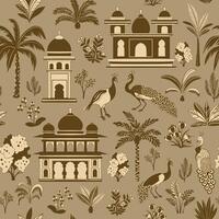 Seamless pattern with silhouettes of Indian gardens design elements set, garden trees, palms, peacock architectural arches and palaces. vector