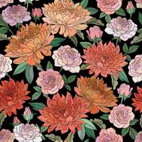 Vintage pattern with beautiful rose, chrysanthemum and leaves on black background. vector