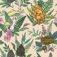 Seamless pattern with different types of mushrooms, vector
