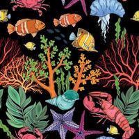 Marine Life pattern on black background, the ocean and underwater world with different inhabitants. vector