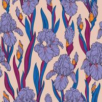 Seamless decorative pattern with iris flowers. Spring floral print, decorative botanical background with hand drawn plants. vector