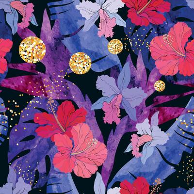 Seamless pattern of hibiscus and orchid flowers, jungle plants and leaves, watercolor texture. Wallpaper design. Modern style.