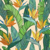 Seamless pattern with tropical bird of paradise flowers and leaves of Strelitzia Reginae. Hand drawn vector