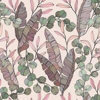 Leaves and branches seamless pattern. Eucalyptus and banana leaves and twigs vector
