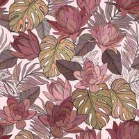 Blossom floral seamless pattern. Lily flowers with monstera and palm leaves scattered random. vector